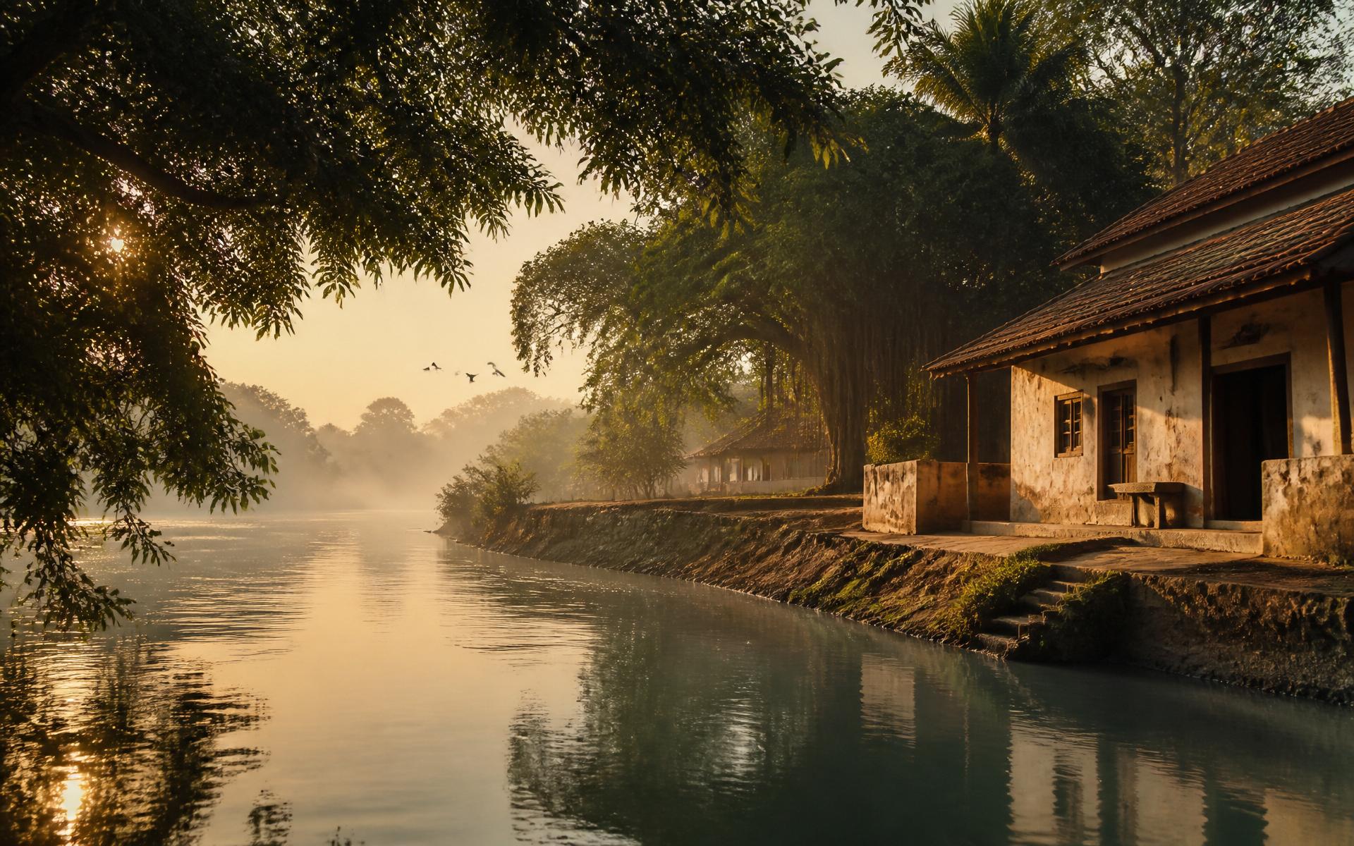 Village cottages along the Mahisagar river at soft morning light